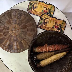 Vintage 1950's Sewing Basket with Lid Yarn & Needles Woven Rattan Sewing Storage